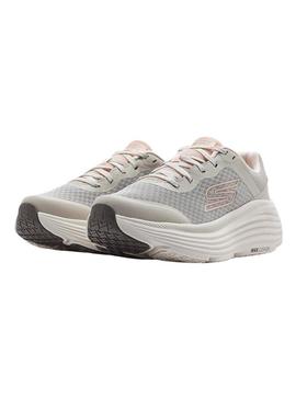 Sapatilhas Skechers Max Cushioning cinza e rosa para mulher.