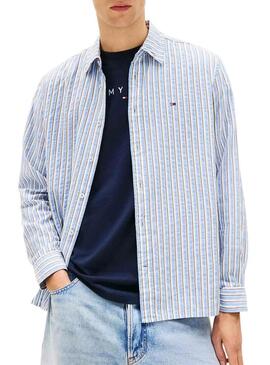 Camisa Tommy Jeans Seersucker listrada azul para homem.