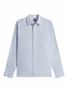 Camisa Tommy Jeans Seersucker listrada azul para homem.