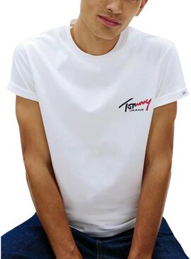 Camisa Tommy Jeans Sign Chest Slim branca para homem.