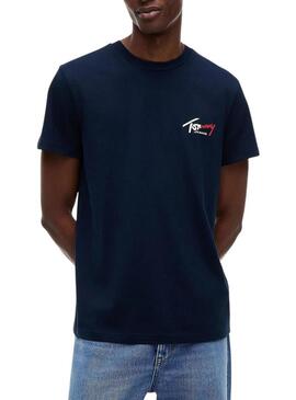 Camiseta Tommy Jeans Sign Chest Slim marinho para homem.