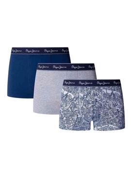 Pack três cuecas Pepe Jeans Map azul e cinza para homem