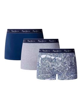 Pack três cuecas Pepe Jeans Map azul e cinza para homem