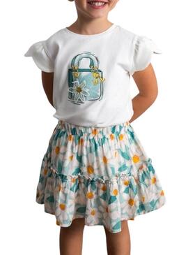 Saia branca Mayoral com estampa de flores grandes para menina.