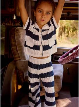 Conjunto Mayoral estampado riscas azuis para menina.