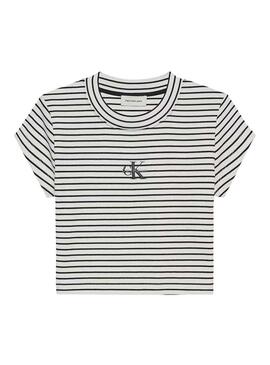 Camiseta Calvin Klein Jeans listrada preta e branca para mulher.