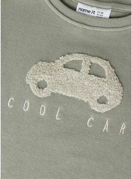 Moletom Name It verde acinzentado com carro para menino.