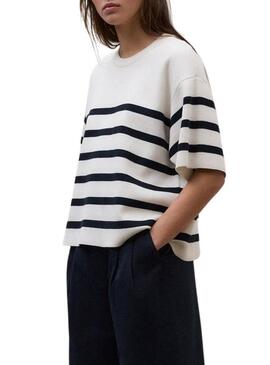 Camisola Ecoalf Marina branca com estampas de listras para mulher.