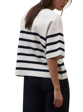 Camisola Ecoalf Marina branca com estampas de listras para mulher.