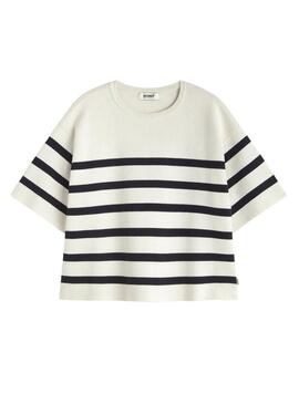 Camisola Ecoalf Marina branca com estampas de listras para mulher.