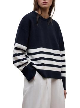 Camisola Ecoalf Koa azul marinho listrada para mulher.