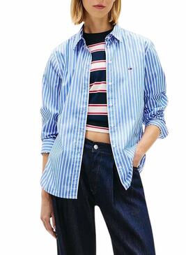 Camisa de popelín Tommy Jeans azul rayas para mulher.
