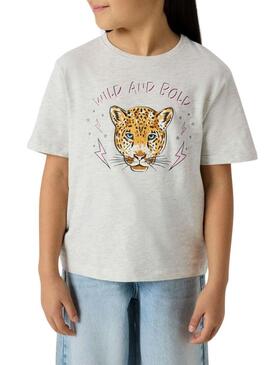 Camiseta Name It Benna com estampa de leopardo cinza claro para menina.