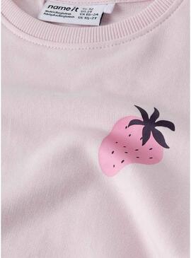 Moletom Name It Bissine com detalhe de morango rosa claro para menina.