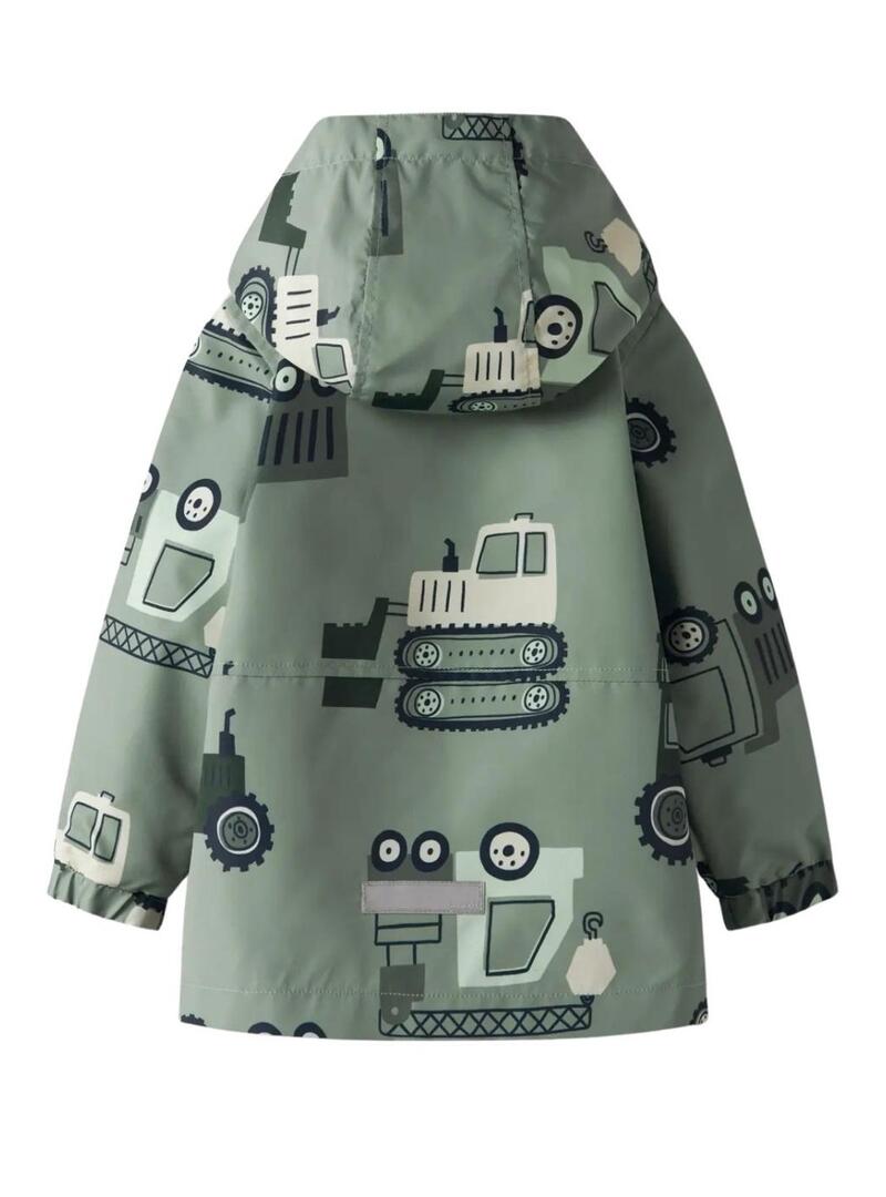 Capa de chuva Name It Max estampada com máquinas verde sálvia para menino.