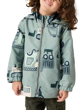 Capa de chuva Name It Max estampada com máquinas verde sálvia para menino.