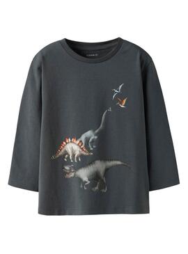 Camiseta Name It Bart estampada de dinossauros cinza antracite para menino.
