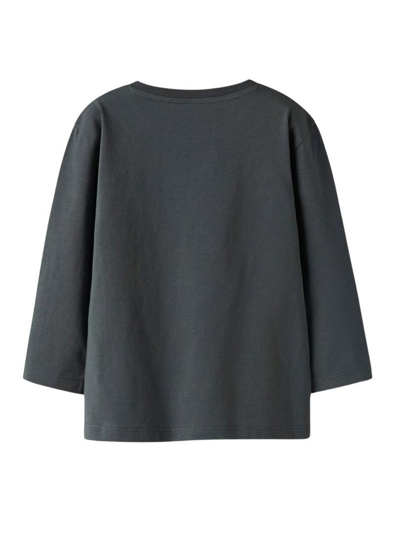 Camiseta Name It Bart estampada de dinossauros cinza antracite para menino.