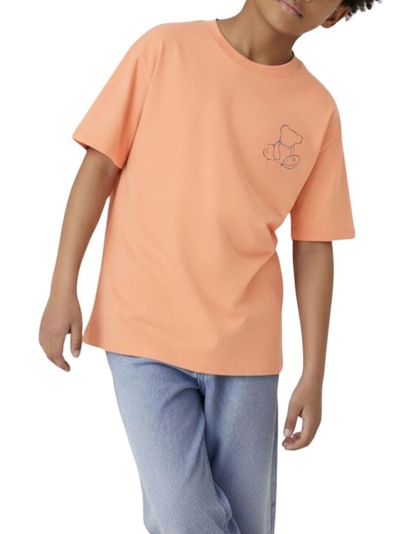 Camiseta Name It Byne oversize coral com estampa de urso para menino.