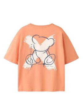 Camiseta Name It Byne oversize coral com estampa de urso para menino.