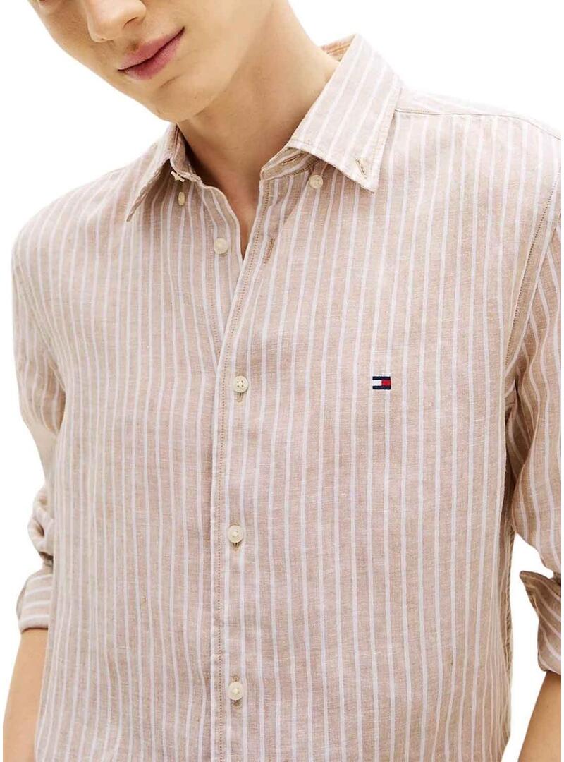 Camisa de linho Tommy Hilfiger listrada em linho Bengal em tons de bege para homem.