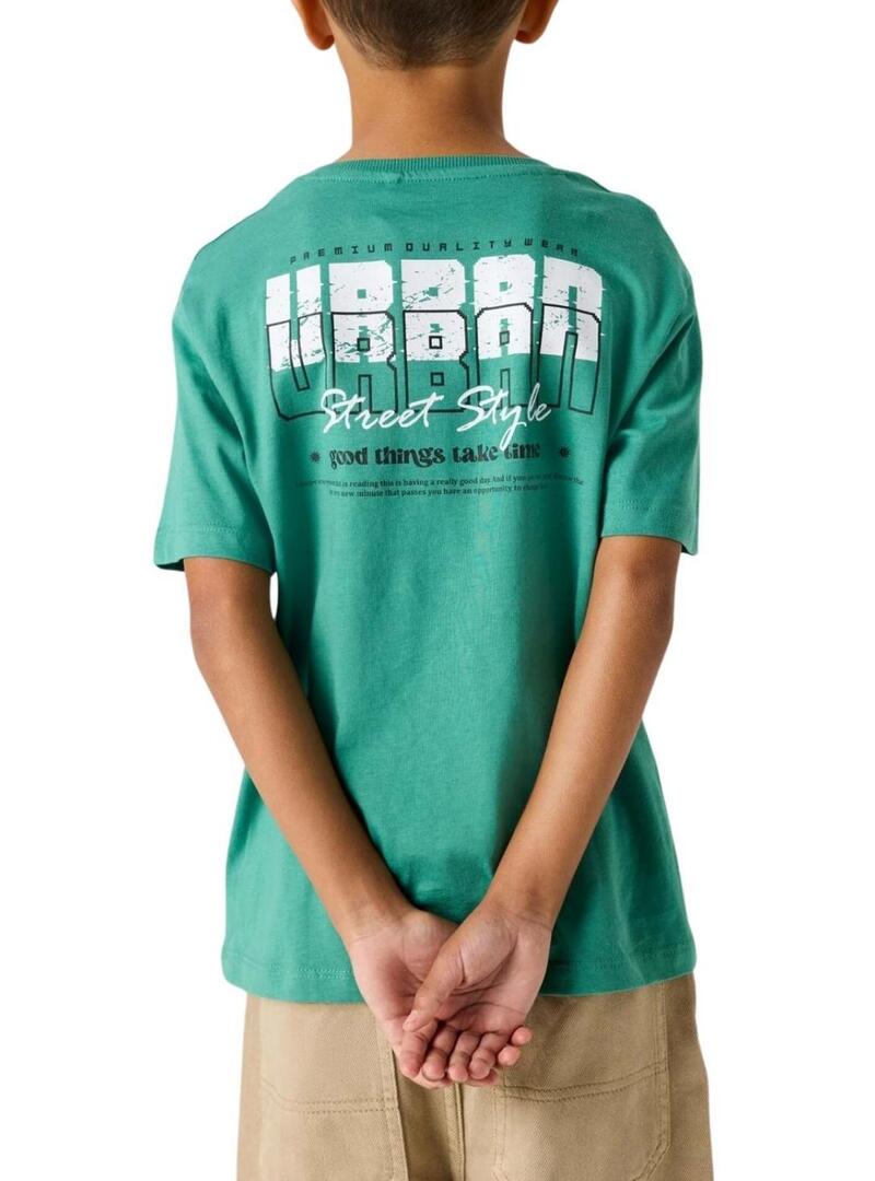 Camiseta Name It Benna estampado urbano verde para criança.