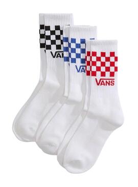Pack de 3 meias Vans altas Classic Check brancas para homens e mulheres.
