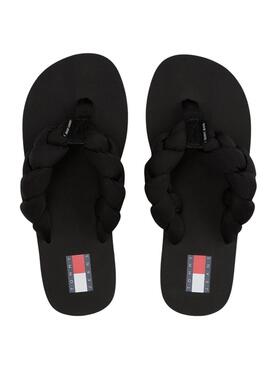 Chinelos Tommy Jeans trançados pretos para mulheres