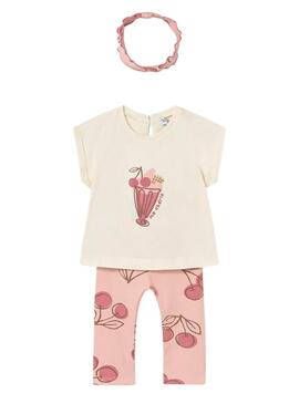 Conjunto bebê camiseta, legging e tiara de cerejas rosa para menina