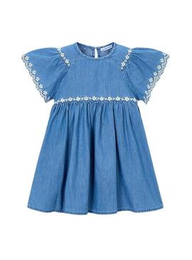 Vestido Mayoral de ganga leve com bordado floral azul médio para menina.
