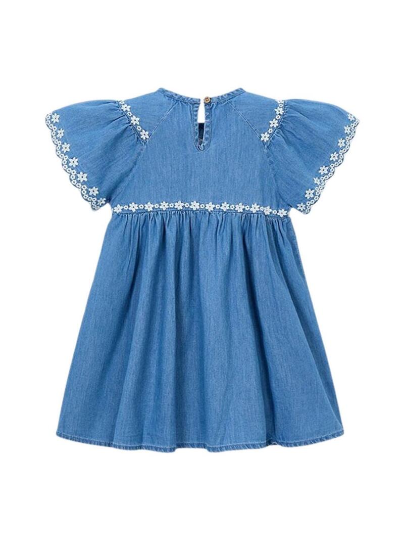 Vestido Mayoral de ganga leve com bordado floral azul médio para menina.