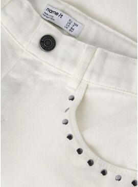 Calça jeans Name It Bella Wide branca com tachinhas para menina.