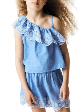 Top Nome It Ferma bordado inglês azul para menina