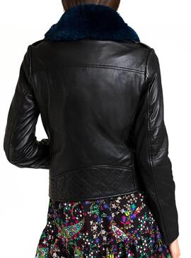 Casaca Naf Naf couro preto com cabelo para Mulher