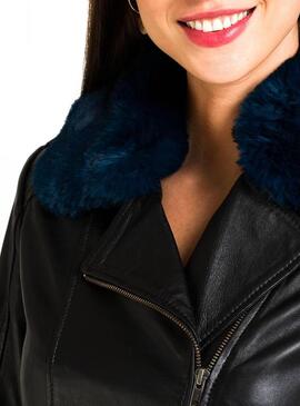 Casaca Naf Naf couro preto com cabelo para Mulher