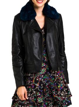Casaca Naf Naf couro preto com cabelo para Mulher
