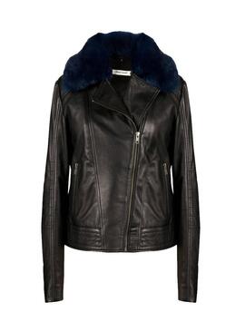 Casaca Naf Naf couro preto com cabelo para Mulher