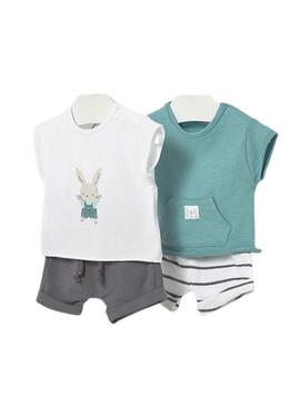 Pack 4 peças bebê camisetas e shorts verde água e cinza