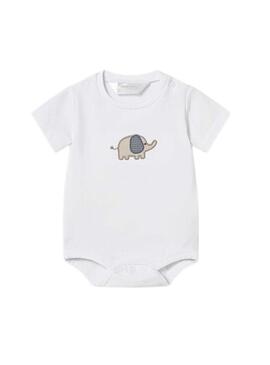 Conjunto de 3 peças Mayoral com blusa estampada e calça azul para bebê.