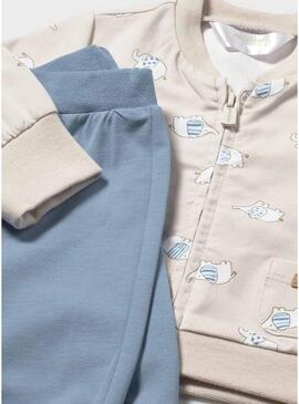Conjunto de 3 peças Mayoral com blusa estampada e calça azul para bebê.