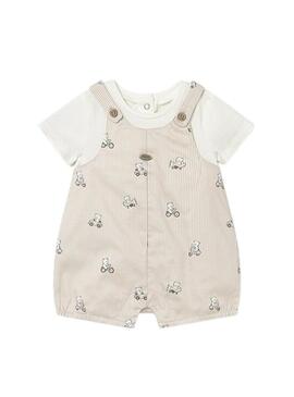 Conjunto Mayoral macacão listrado com camiseta branca para bebê