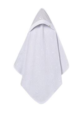 Roupa de banho Mayoral com capuz e estampa de patinhos cinza pérola para bebê.