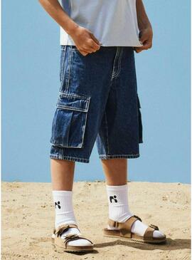 Bermuda de brim Name It Ben cargo lavado escuro para menino