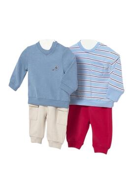 Conjunto Mayoral dos looks esportivos azul e vermelho para bebê.