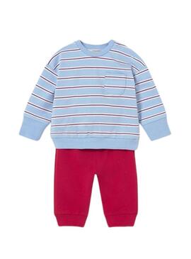 Conjunto Mayoral dos looks esportivos azul e vermelho para bebê.