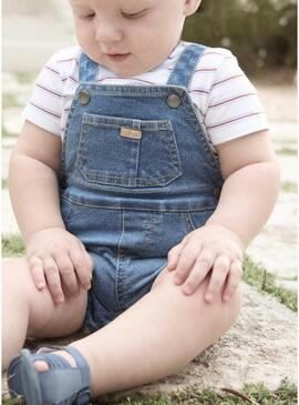 Conjunto Mayoral jardineira curta jeans e camiseta listrada para bebê