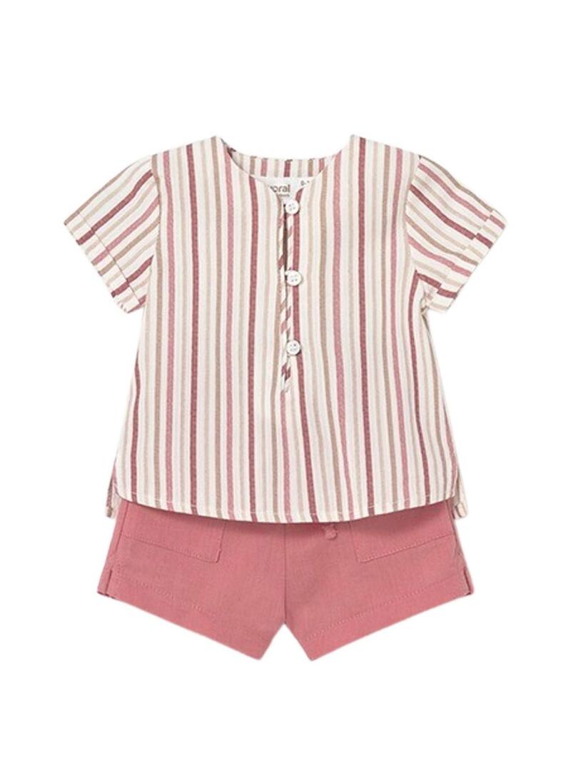 Conjunto Mayoral blusa listrada e short rosa para bebê