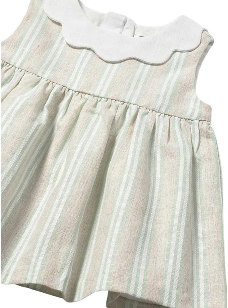 Vestido Mayoral de rayas verde água e bege para bebê.