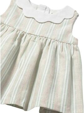 Vestido Mayoral de rayas verde água e bege para bebê.