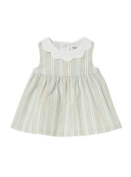 Vestido Mayoral de rayas verde água e bege para bebê.